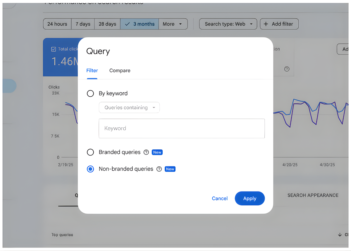 What is the Branded Queries Filter?You’ll find this new filter in the Performance report in Google Search Console (GSC). Google’s AI automatically splits your search queries into two groups: